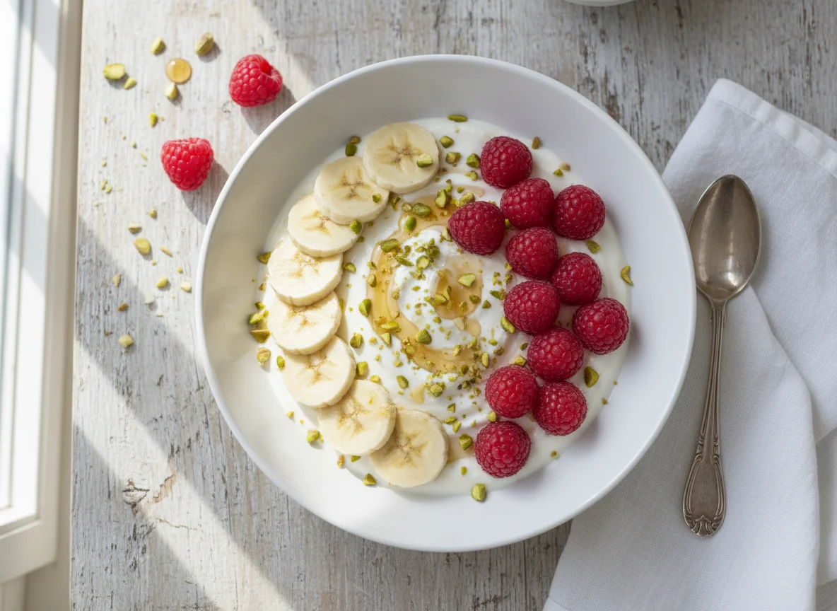 Skyr with banana and raspberries photo