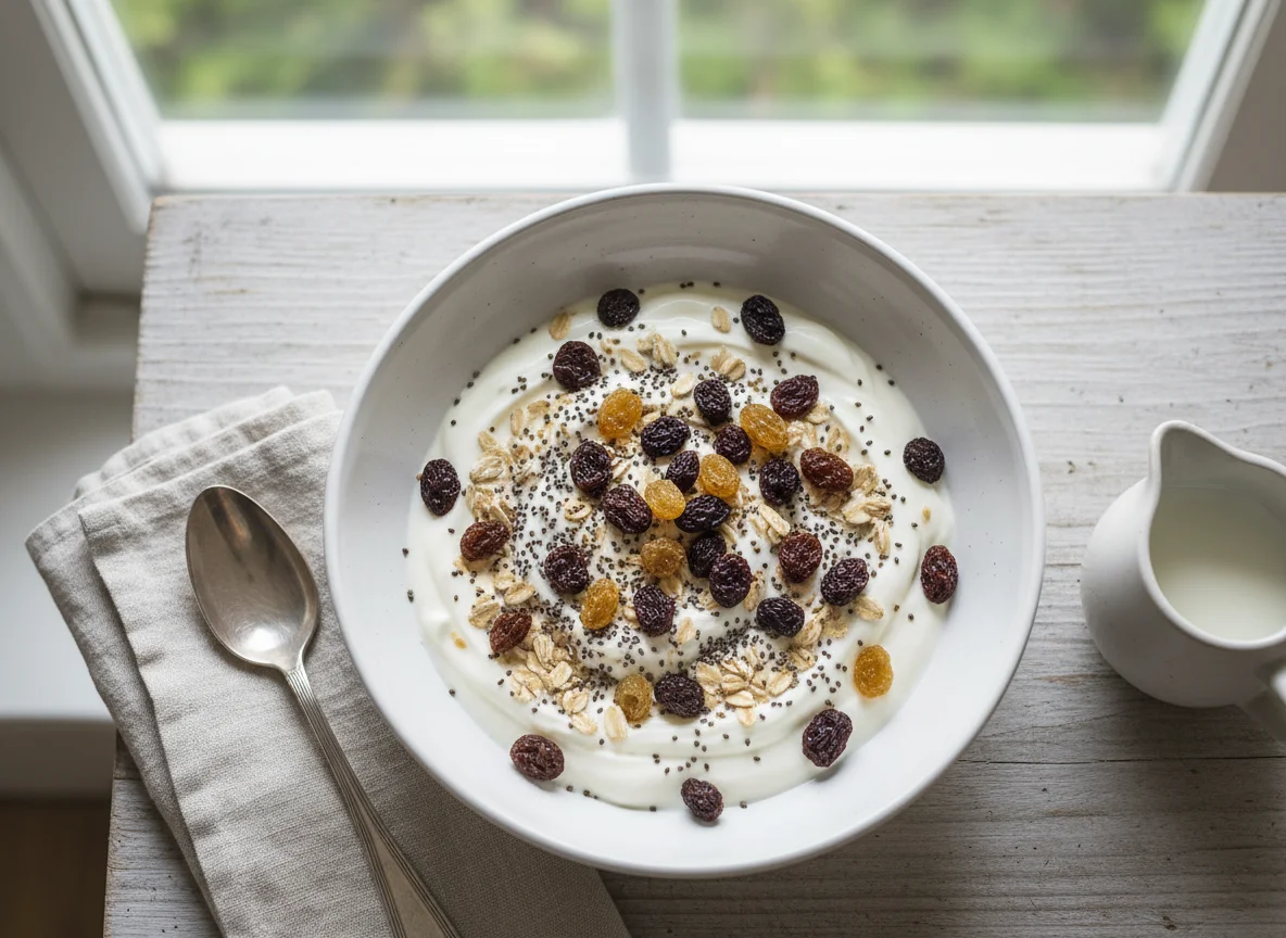 Skyr with Oats, Chia Seeds, and Raisins photo