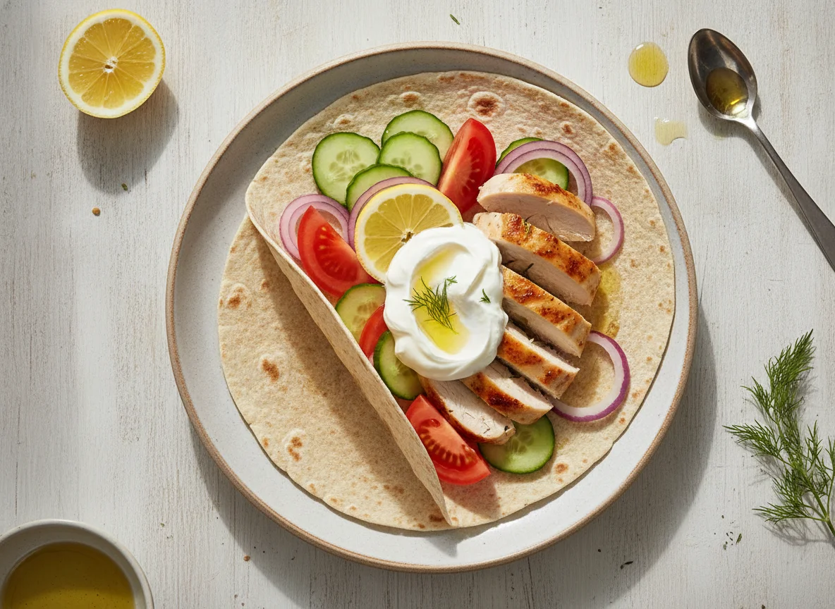 Skyr with olive oil and lemon chicken wrap photo