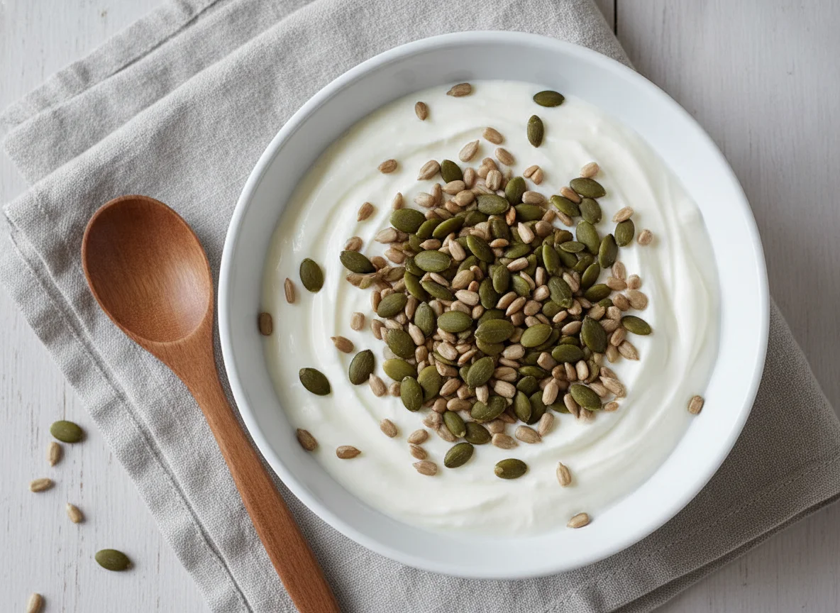 Skyr with pumpkin and sunflower seeds photo