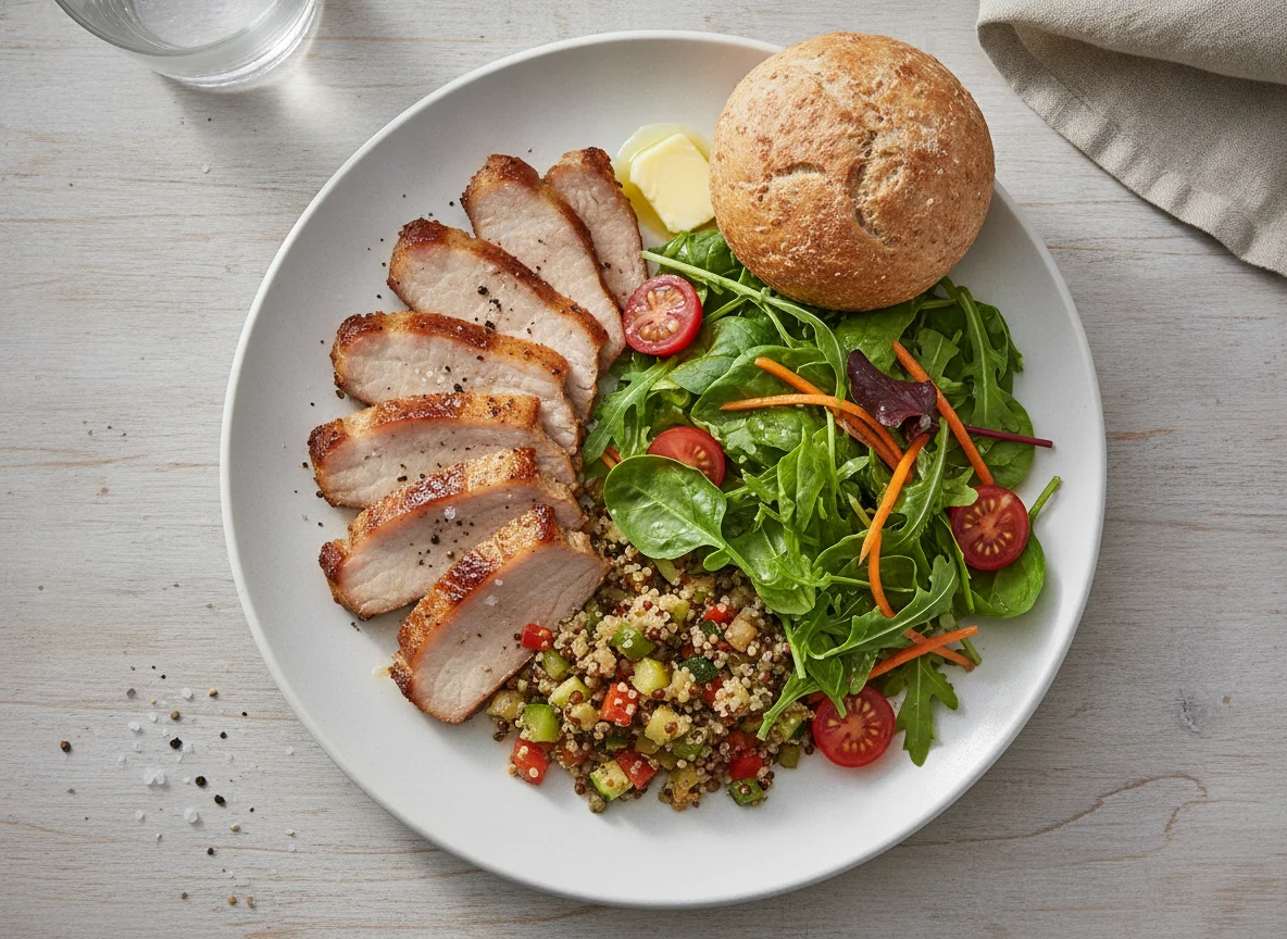 Sliced Roast Pork with Mixed Salad and Whole Wheat Roll photo