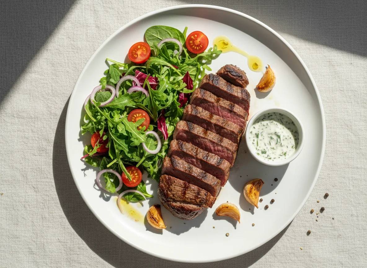 Sliced Steak with Salad and Garlic photo