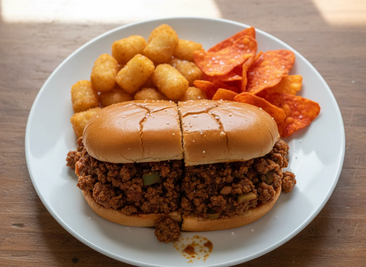 Sloppy Joe with Tater Tots and Chips photo