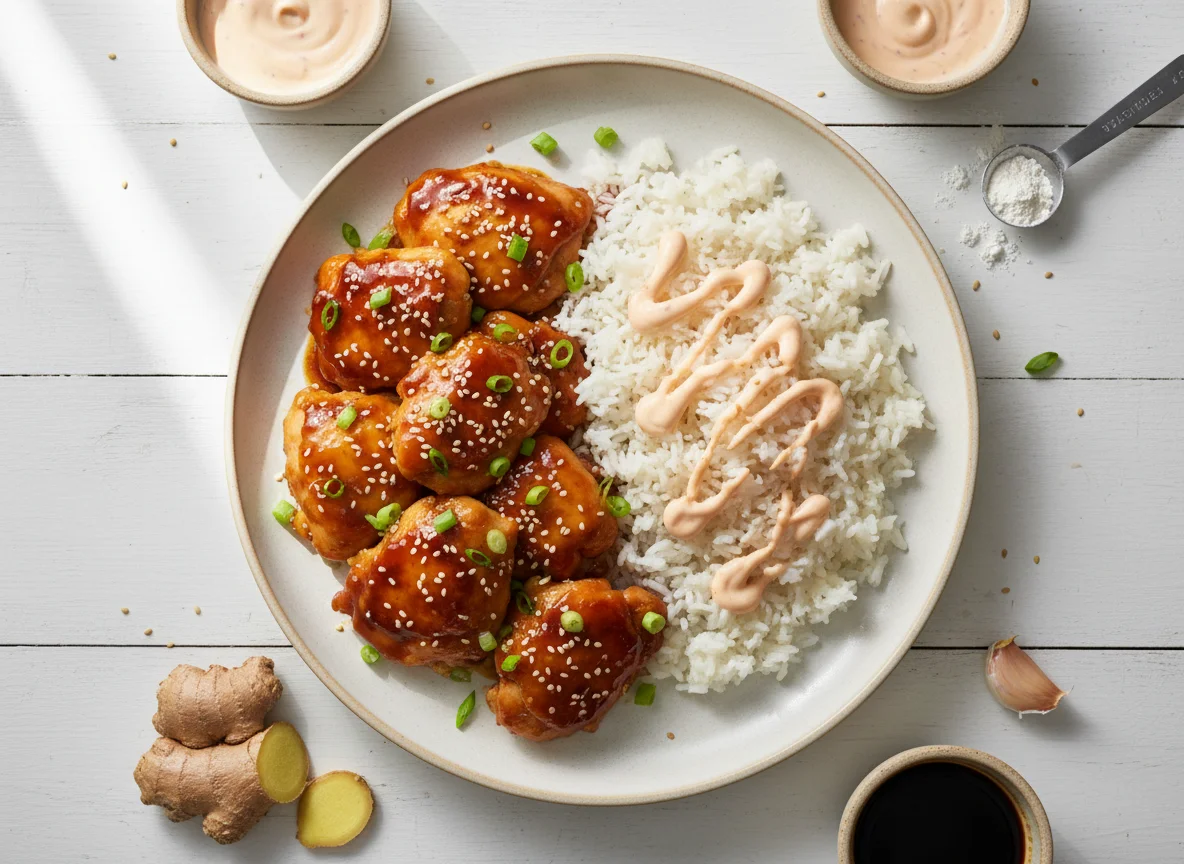 Slow Cooker Honey Garlic Chicken with Yum Yum Sauce and Rice photo