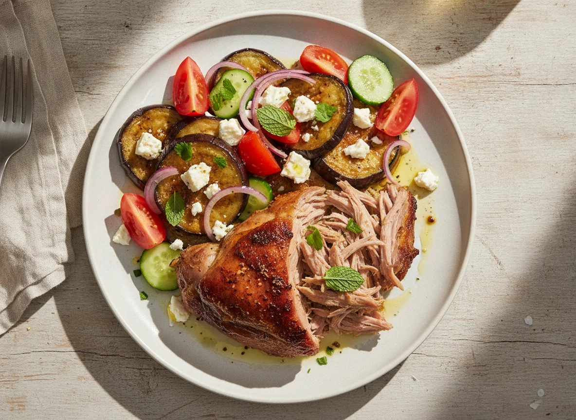 Slow-cooked lamb with roasted aubergine and tomato salad photo