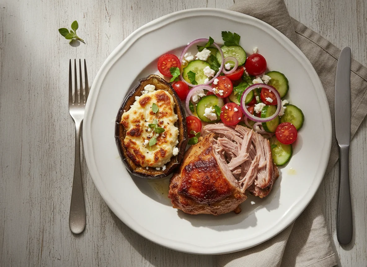 Slow-cooked lamb with stuffed aubergine and tomato salad photo