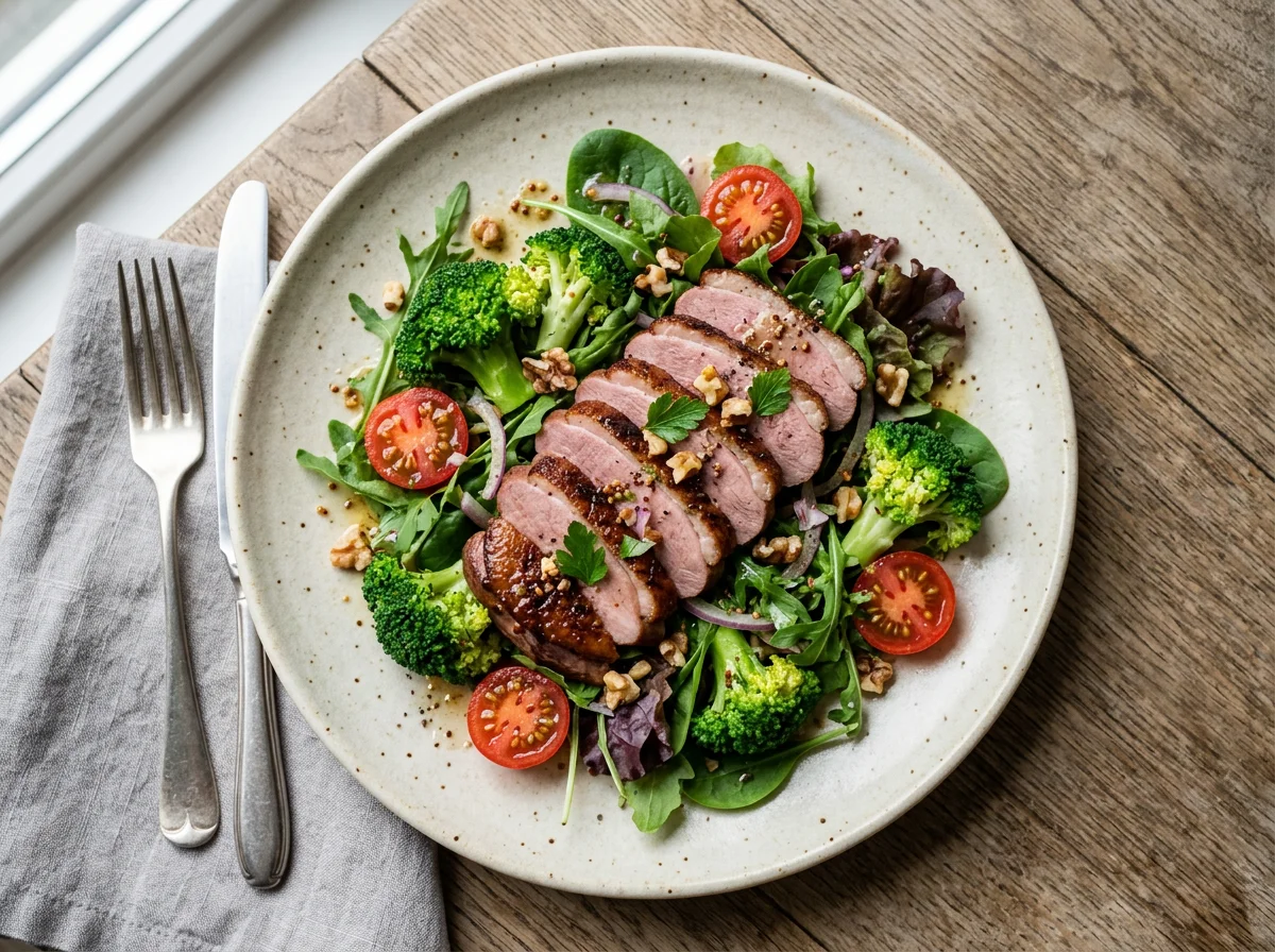 Smoked Duck Breast Salad with Broccoli and Cherry Tomatoes photo