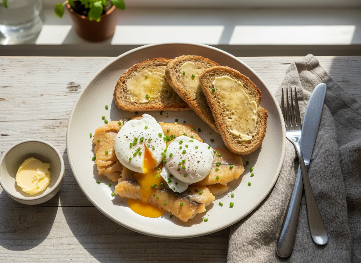 Smoked Haddock and Poached Eggs with Toast photo
