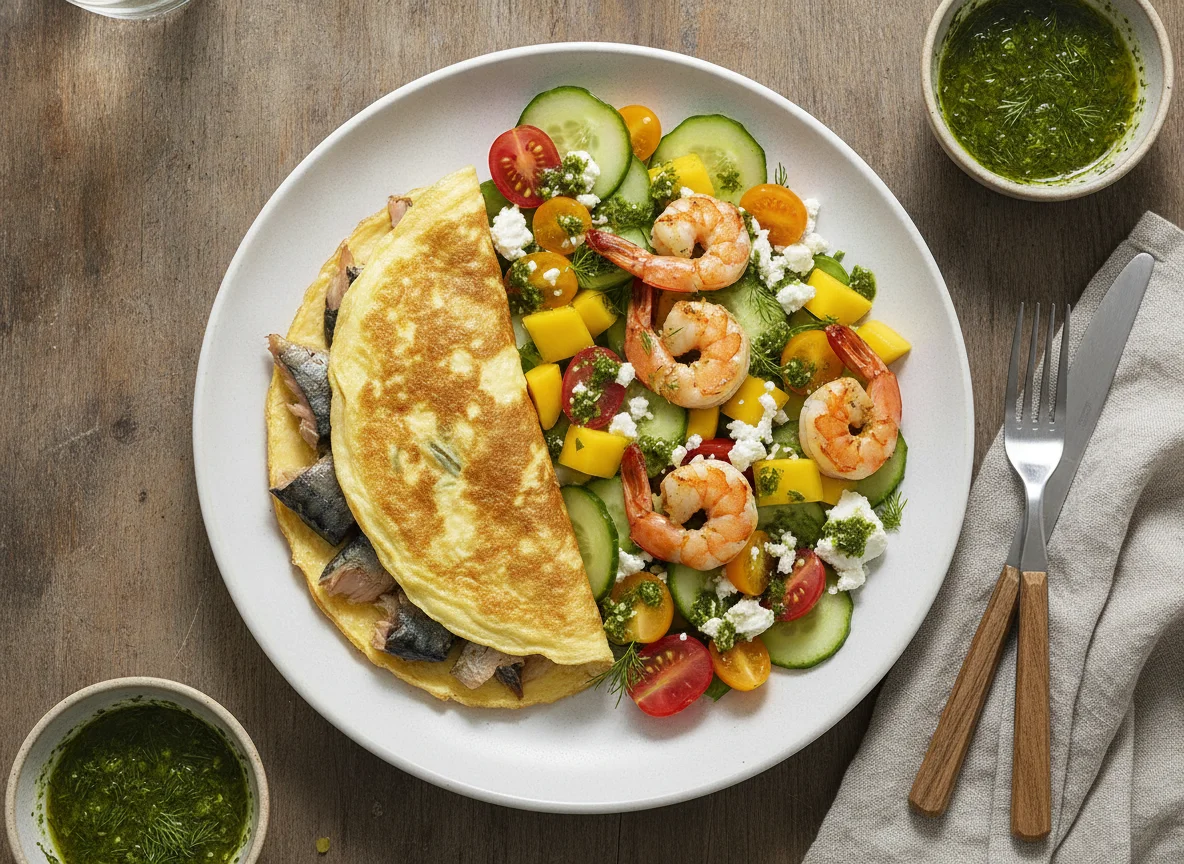 Smoked Mackerel Omelette with Mango and Prawn Salad photo