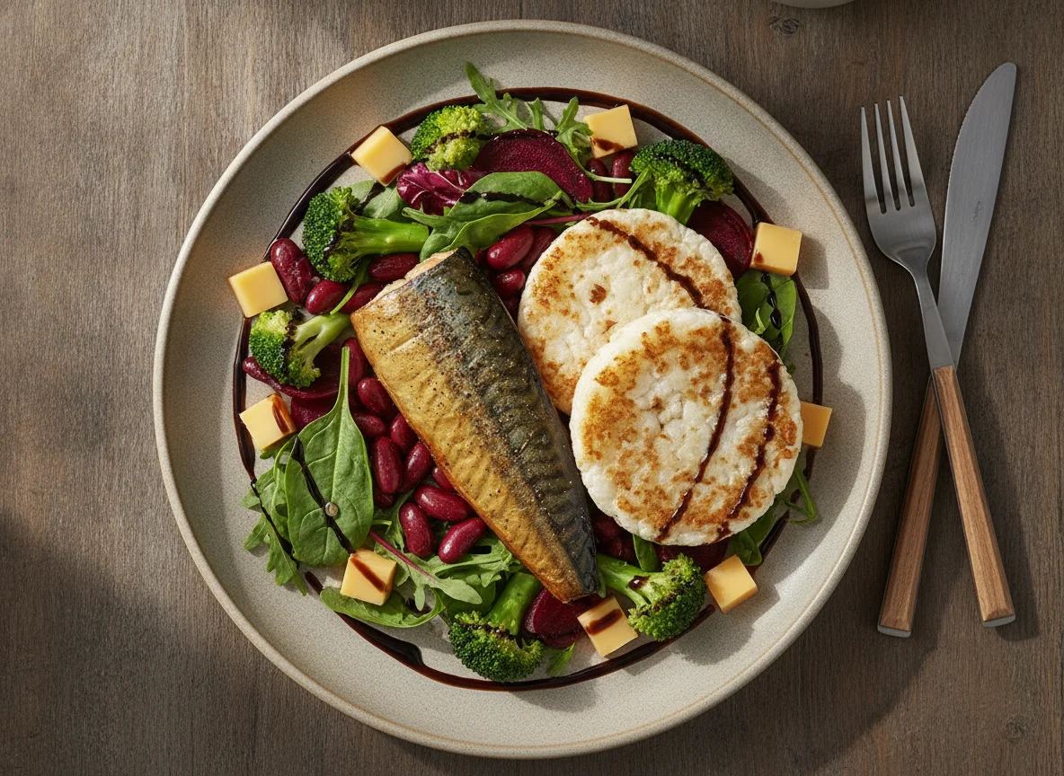 Smoked Mackerel with Rice Cake and Mixed Vegetables photo