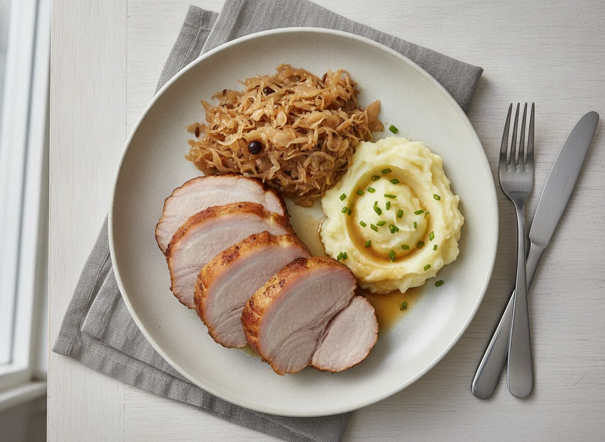 Smoked Pork Loin with Sauerkraut and Mashed Potatoes photo