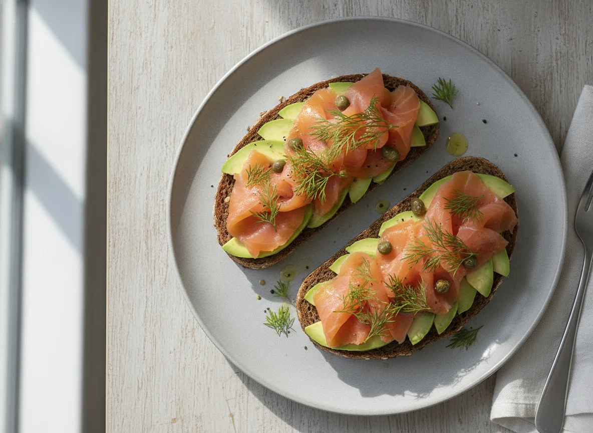 Smoked salmon and avocado on rye bread photo