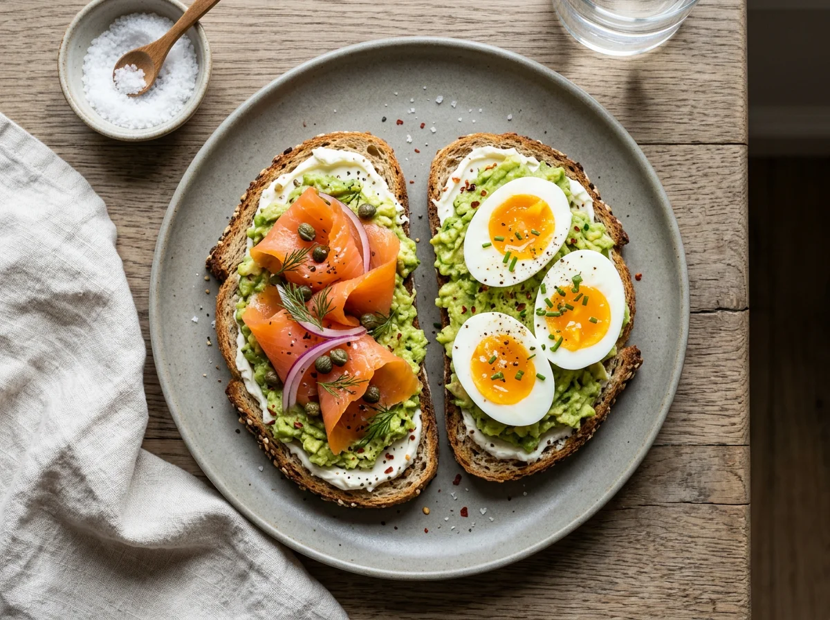 Smoked Salmon and Avocado Toast with Boiled Eggs photo