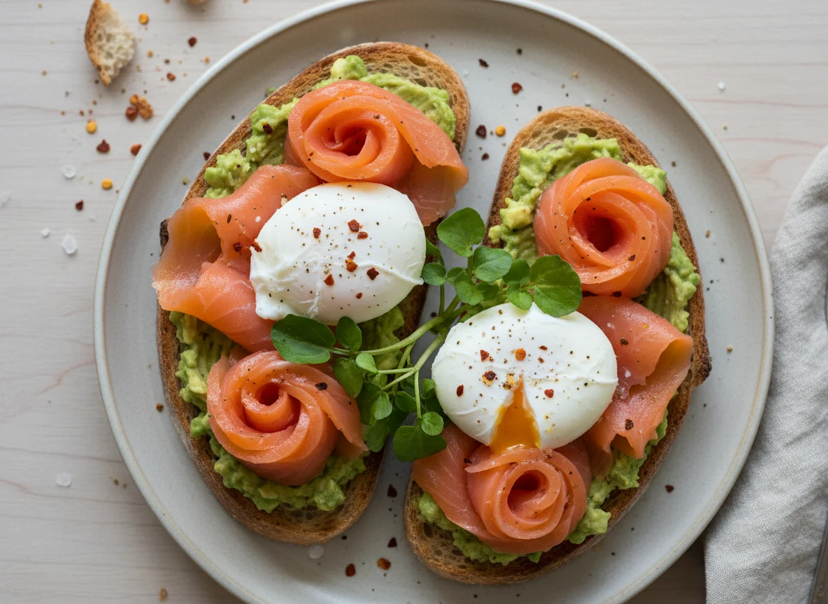 Smoked Salmon and Avocado Toast with Poached Eggs photo