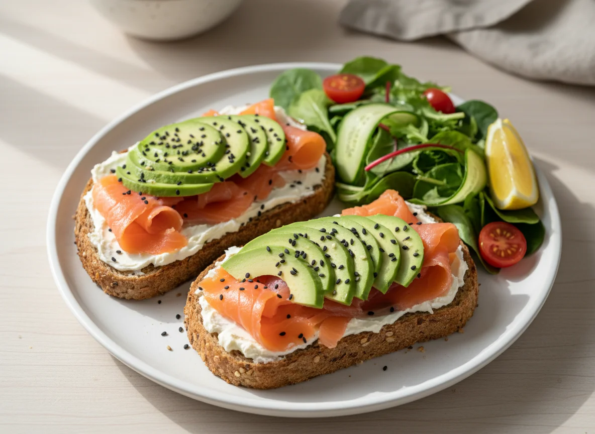 Smoked Salmon and Avocado Toast with Salad photo
