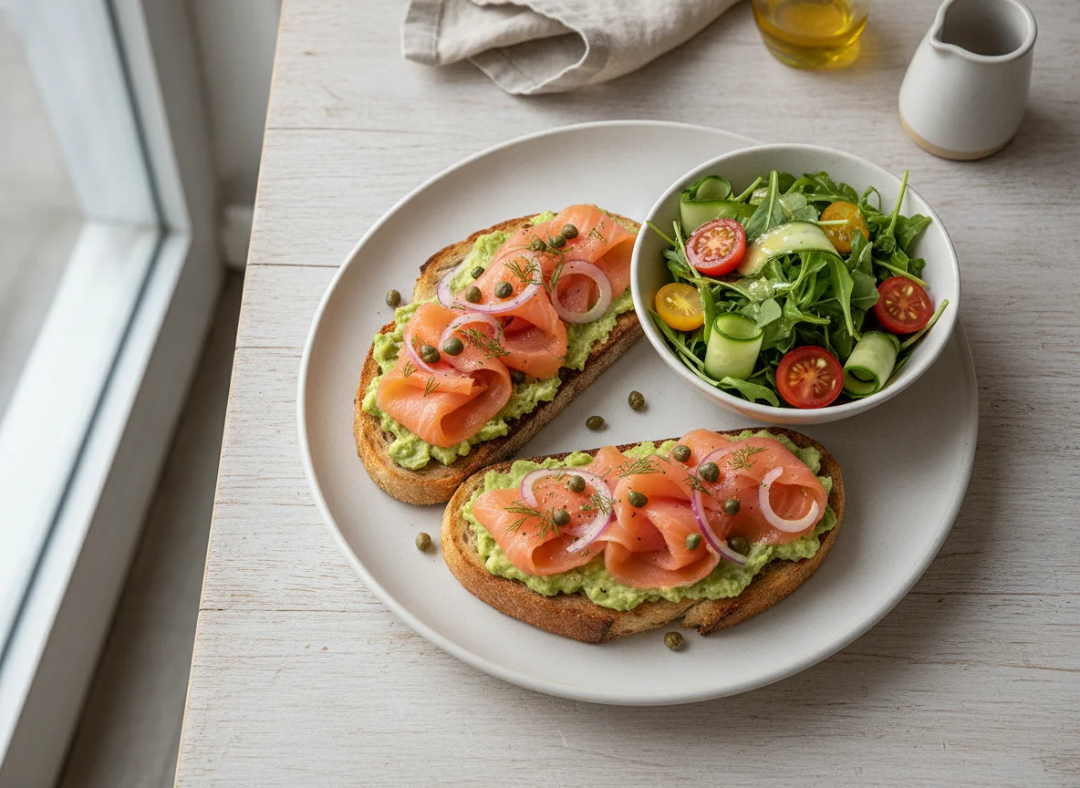 Smoked Salmon and Avocado Toast with Side Salad photo