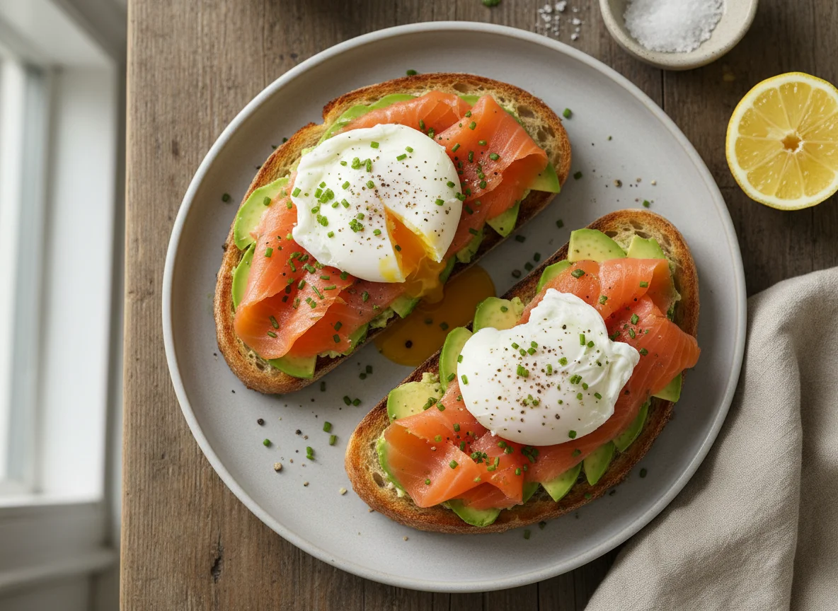 Smoked Salmon and Avocado with Poached Eggs on Toast photo