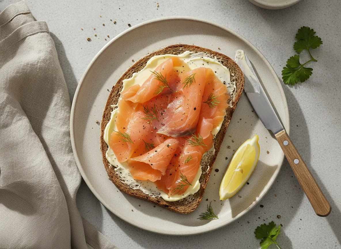 Smoked salmon and butter on rye bread photo