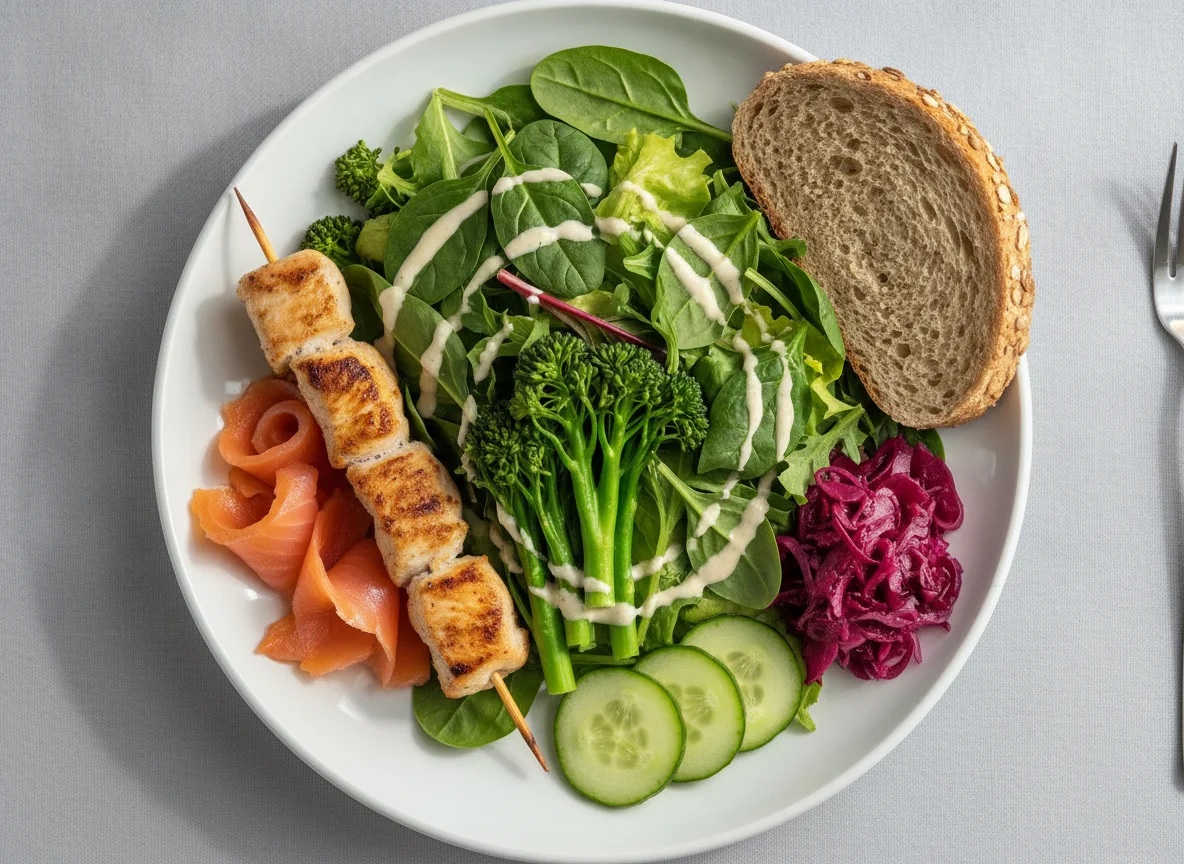 Smoked Salmon and Chicken Skewer Salad Plate photo
