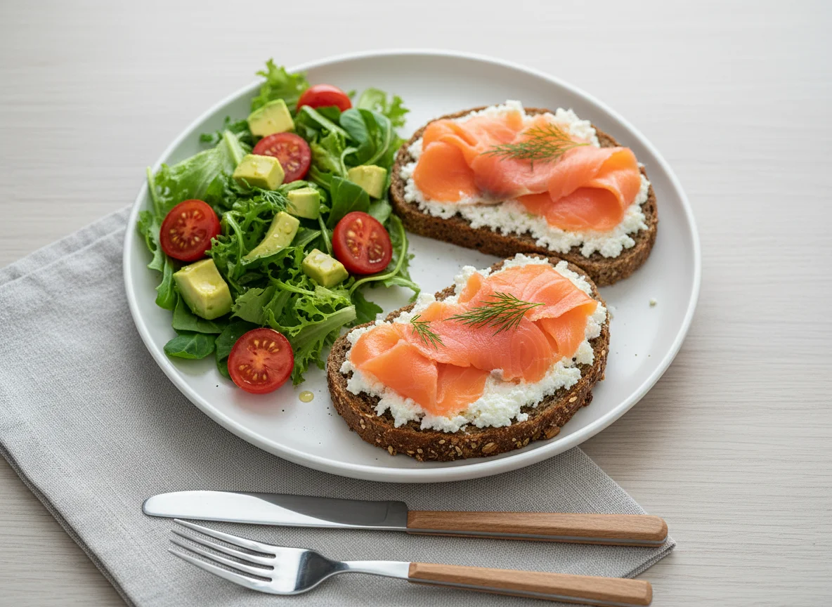 Smoked Salmon and Cottage Cheese on Seed Bread with Salad photo