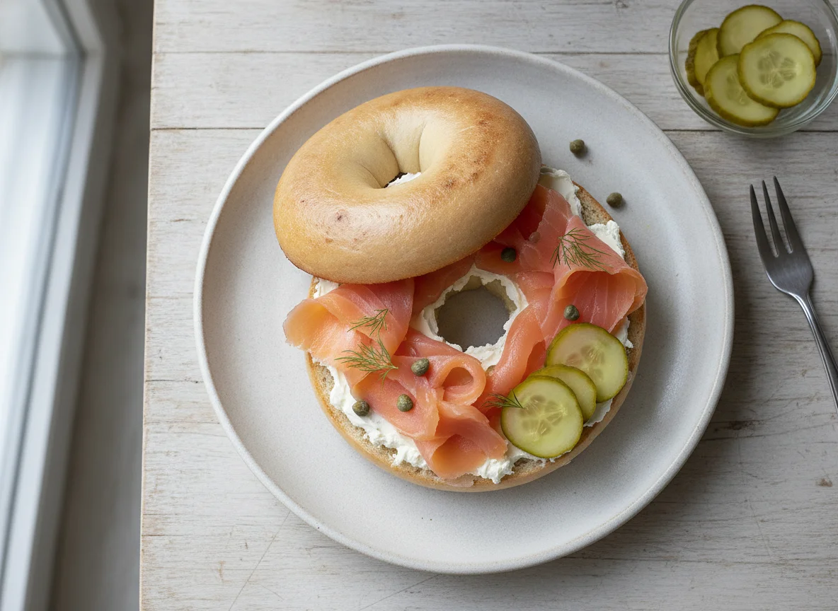 Smoked Salmon and Cream Cheese Bagel with Pickles photo