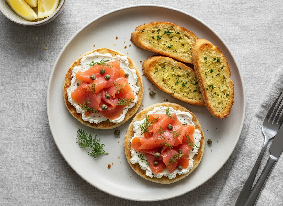 Smoked Salmon and Cream Cheese Crumpets with Garlic Bread photo