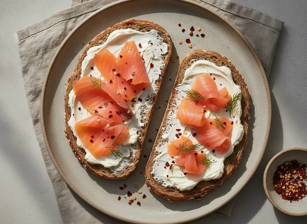 Smoked salmon and cream cheese on whole grain bread photo