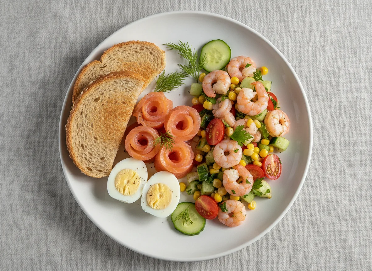 Smoked salmon and egg breakfast with shrimp salad photo