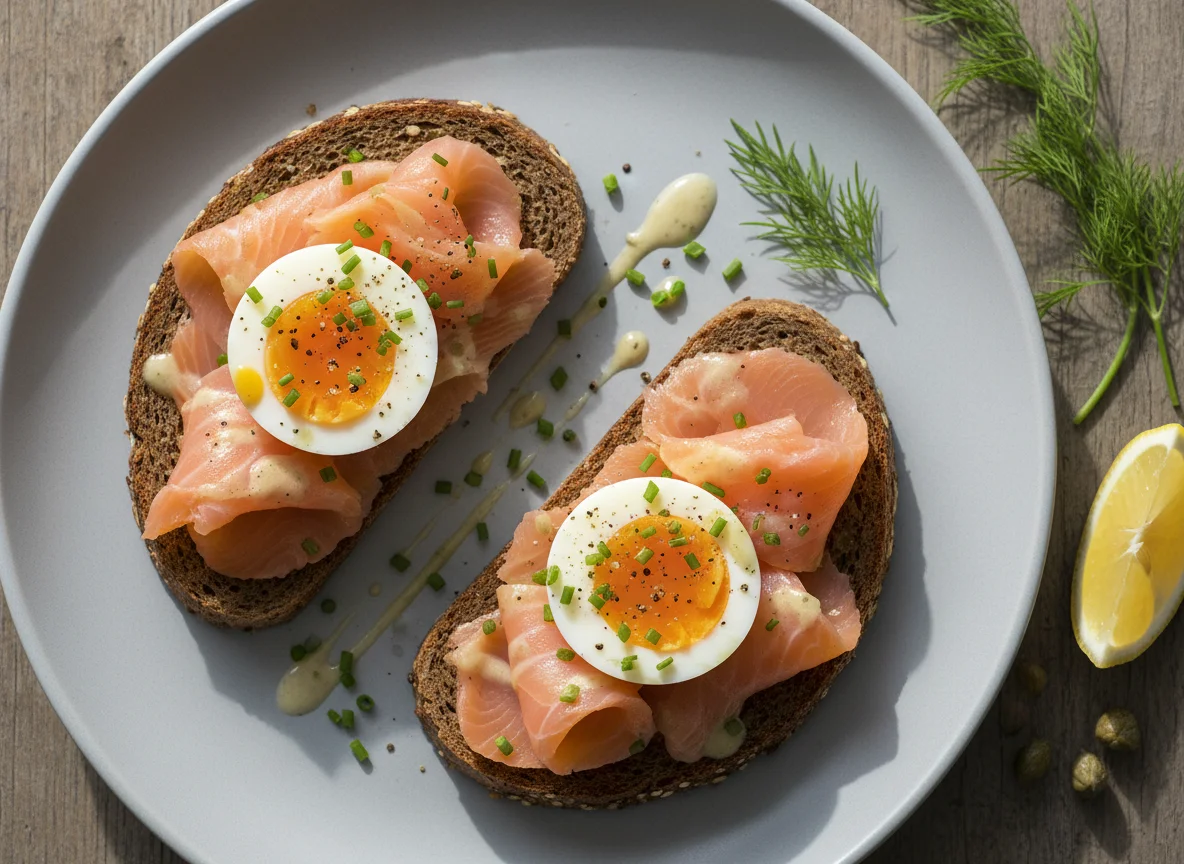 Smoked Salmon and Egg on Rye Bread photo