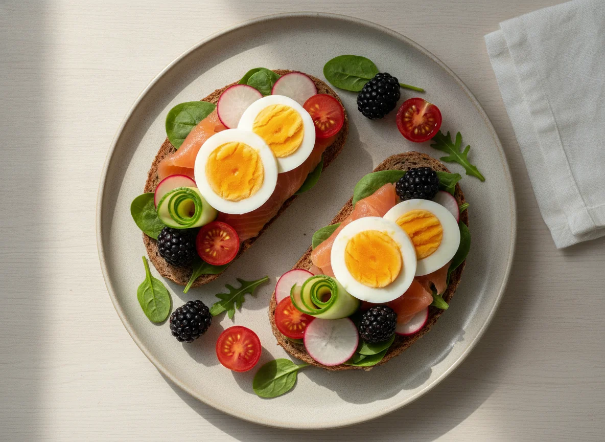 Smoked salmon and egg open sandwiches with radishes and blackberries photo