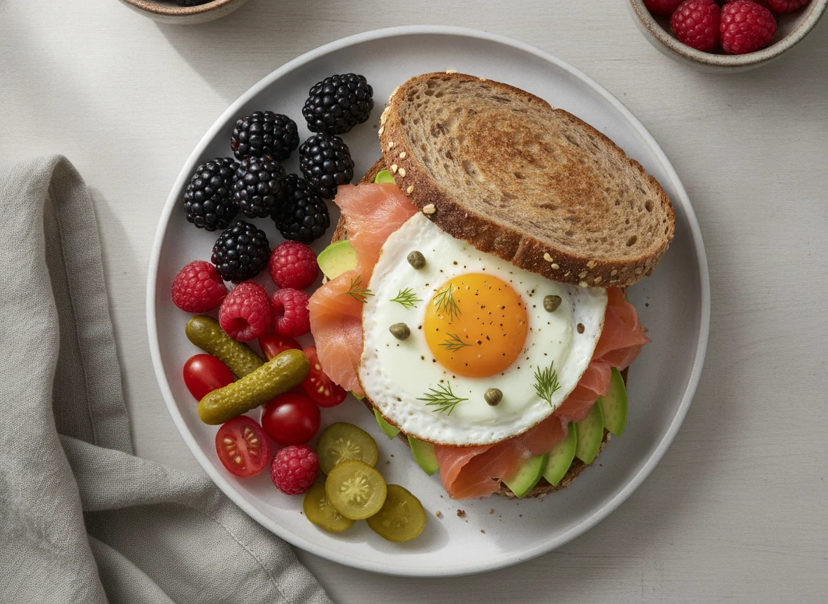 Smoked Salmon and Egg Sandwich with Berries photo