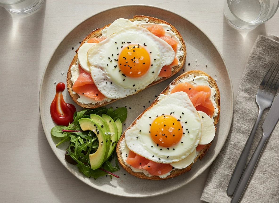 Smoked Salmon and Mozzarella Toast with Fried Eggs and Avocado photo