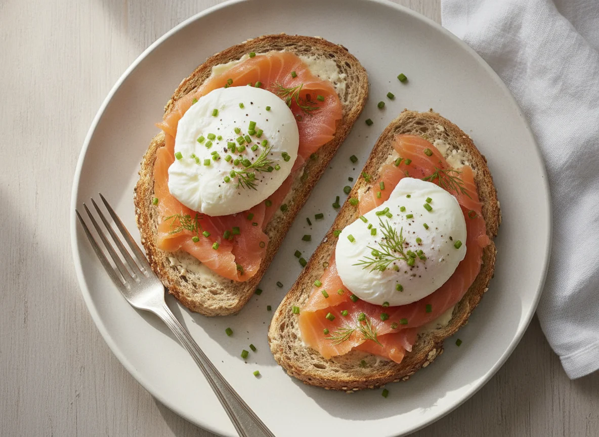 Smoked salmon and poached egg on toast photo