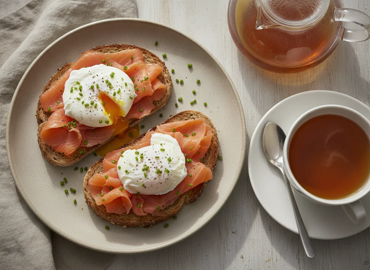 Smoked salmon and poached egg on toast with tea photo