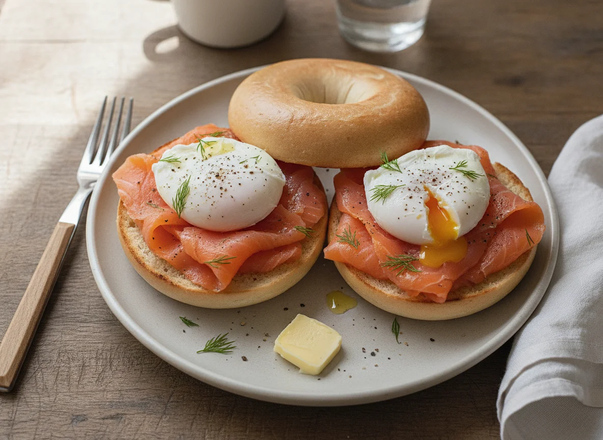 Smoked salmon and poached egg on toasted bagel photo