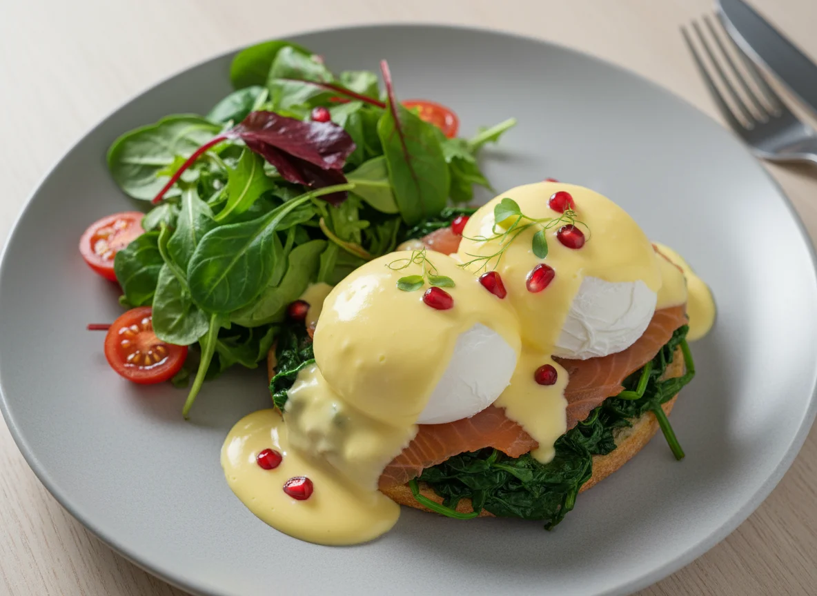 Smoked Salmon and Poached Eggs with Spinach and Hollandaise photo