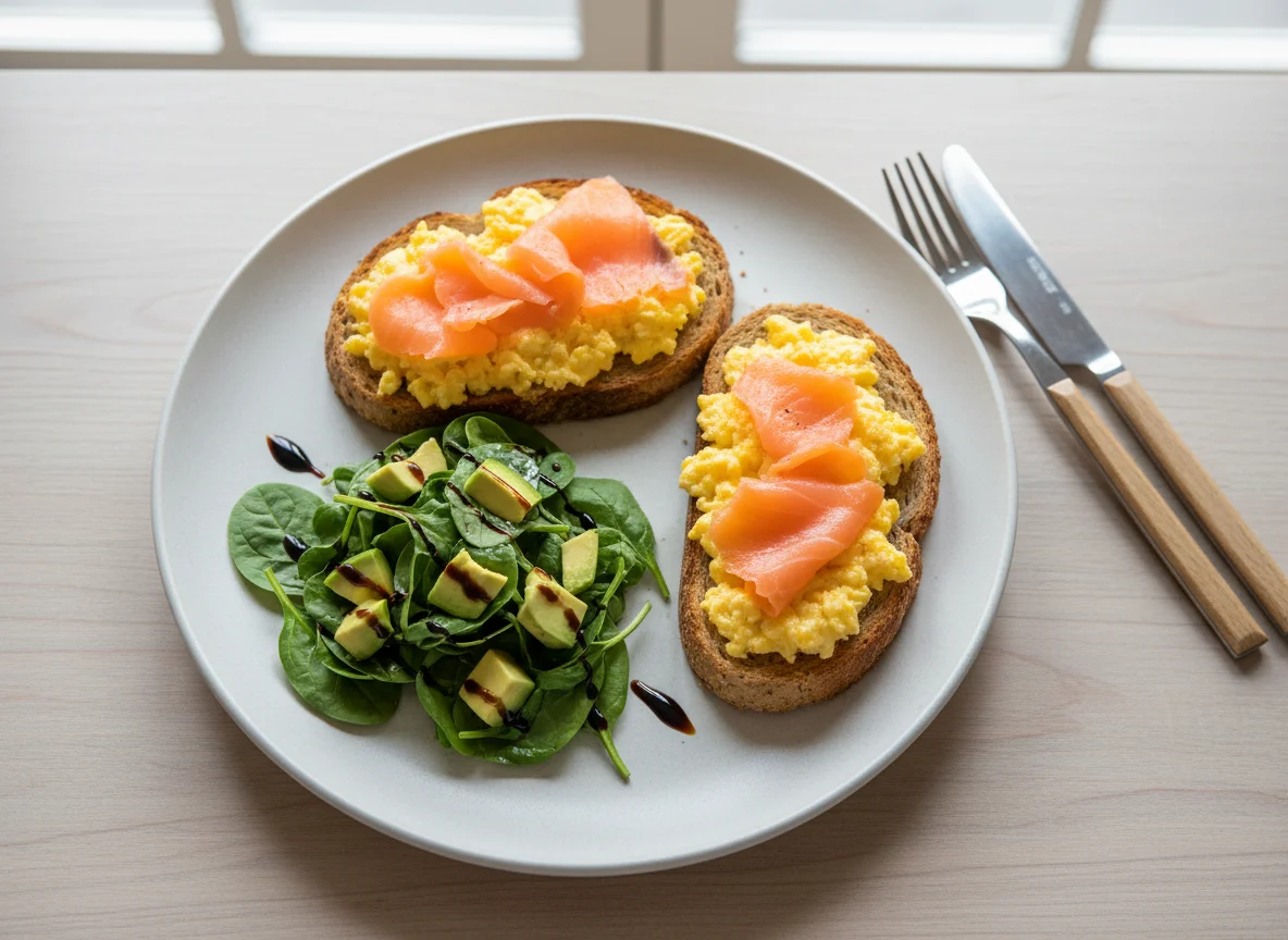 Smoked Salmon and Scrambled Egg on Toast with Avocado and Spinach Salad photo