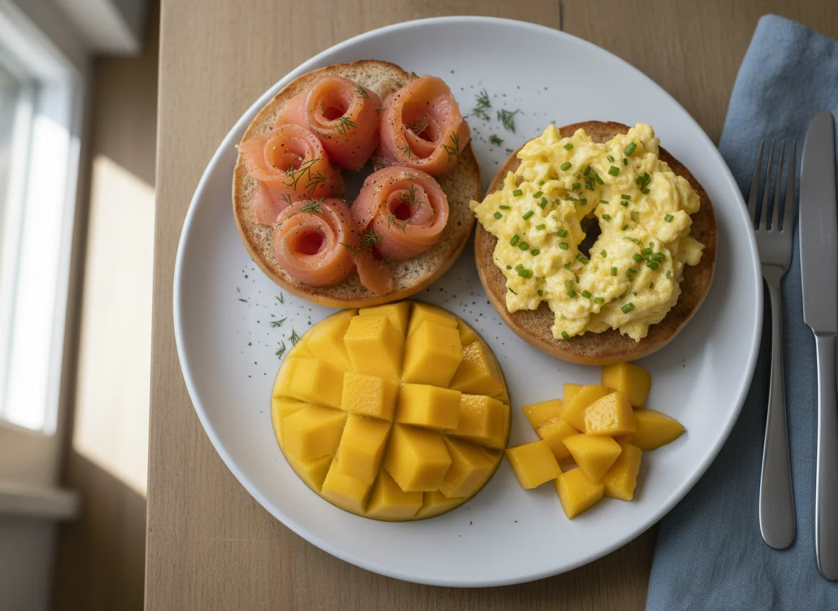 Smoked Salmon and Scrambled Eggs on Bagel with Mango photo