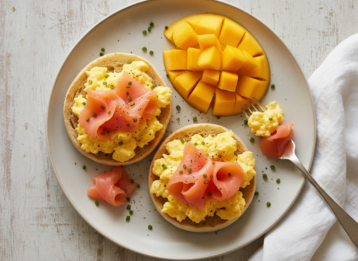 Smoked Salmon and Scrambled Eggs on Muffins with Mango photo