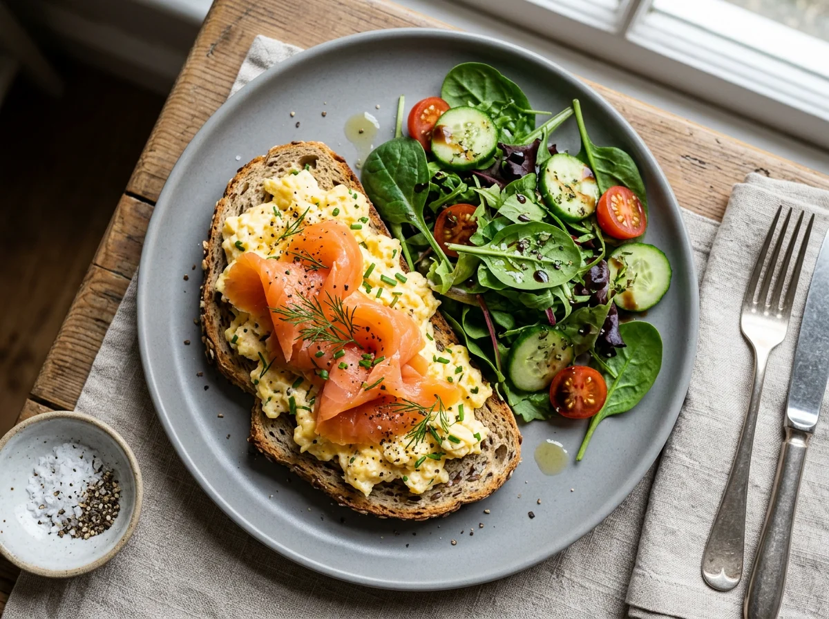 Smoked Salmon and Scrambled Eggs on Whole Grain Toast with Salad photo