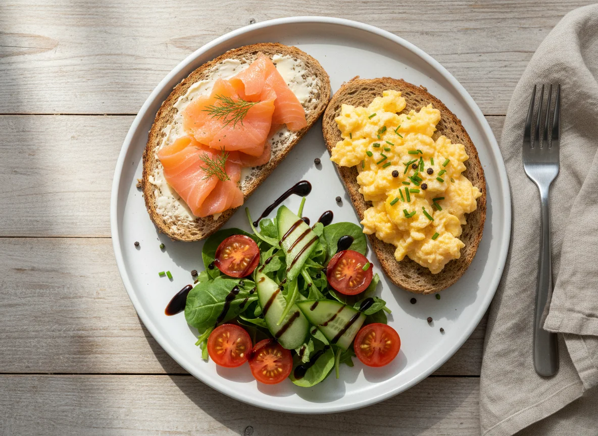 Smoked salmon and scrambled eggs on wholemeal toast with salad photo