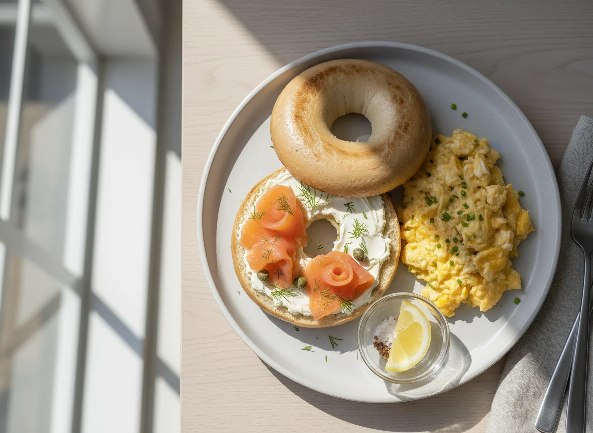Smoked salmon and scrambled eggs with cream cheese bagel photo