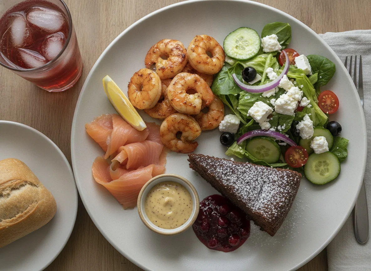 Smoked salmon and shrimp meal with salad and cake photo