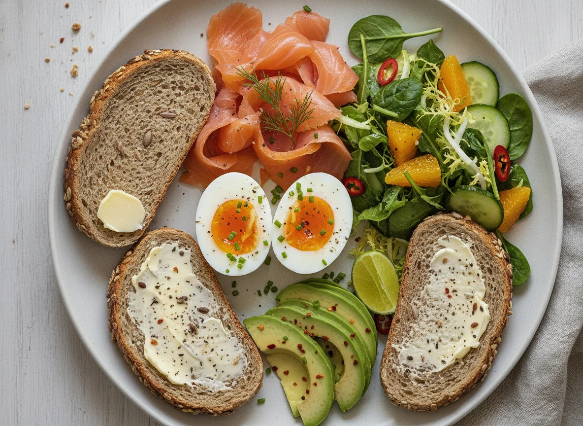 Smoked salmon and soft-boiled eggs breakfast plate photo
