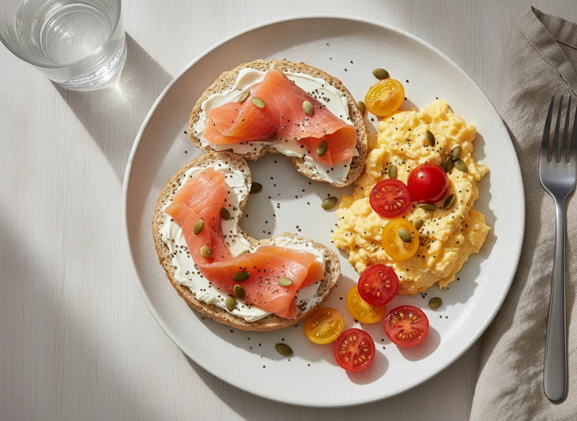 Smoked salmon bagel with scrambled eggs and cherry tomatoes photo