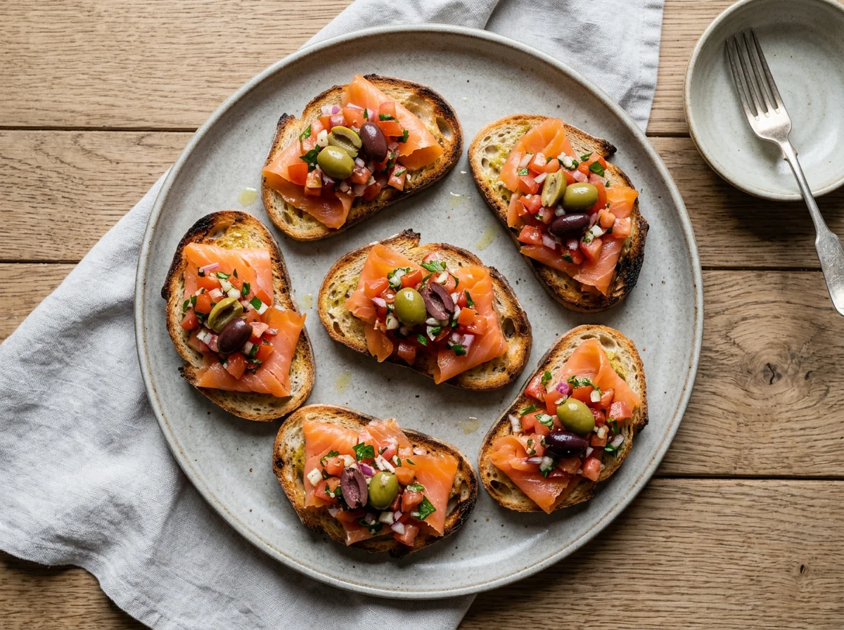 Smoked Salmon Bruschetta with Tomato Salsa and Olives photo