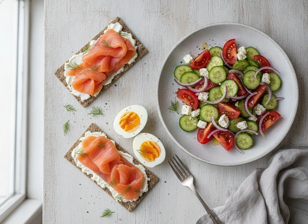 Smoked salmon crispbread with boiled eggs and greek salad photo