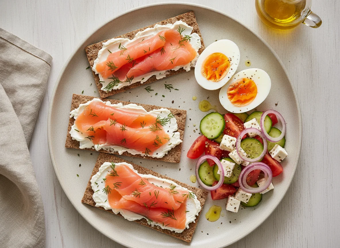 Smoked salmon crispbread with boiled eggs and greek-style salad photo