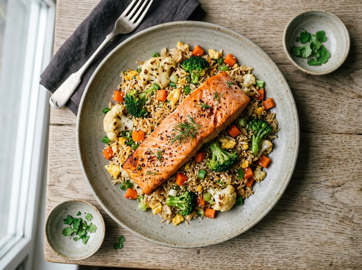 Smoked salmon, egg fried rice photo