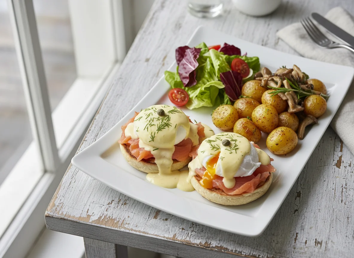Smoked Salmon Eggs Benedict with Roasted Potatoes and Mushrooms photo